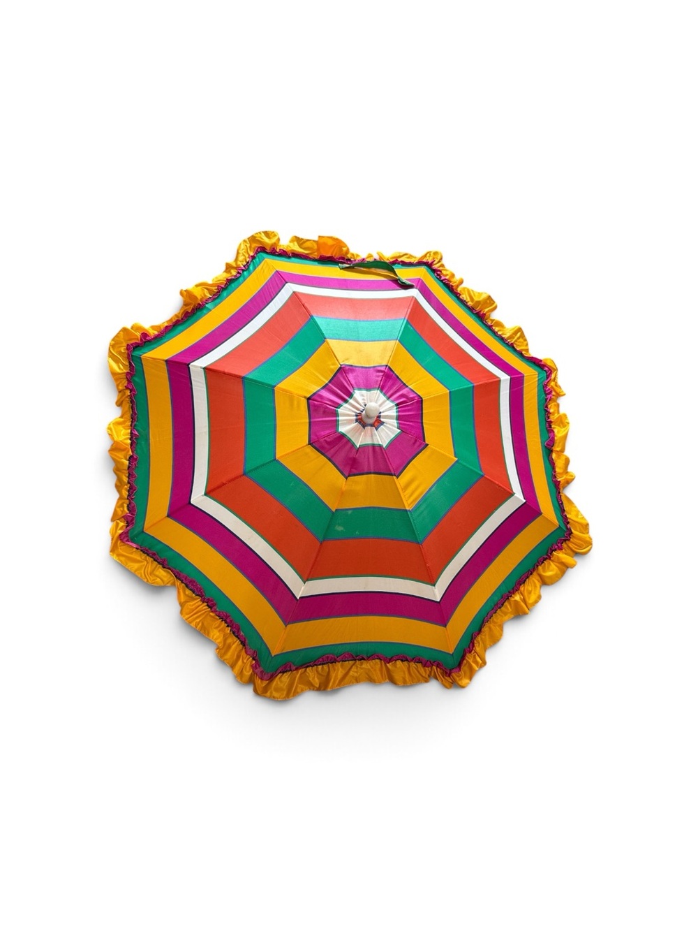 Vintage 1960s 1970s Rainbow Striped Ruffled Nylon Umbrella Parasol Taiwan 31”